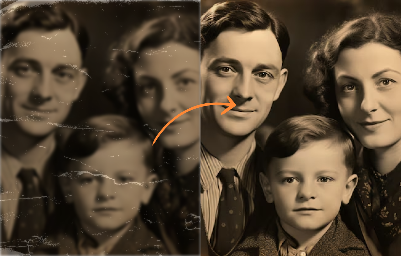 Restored family photo generated with aiphotocraft face enhancer